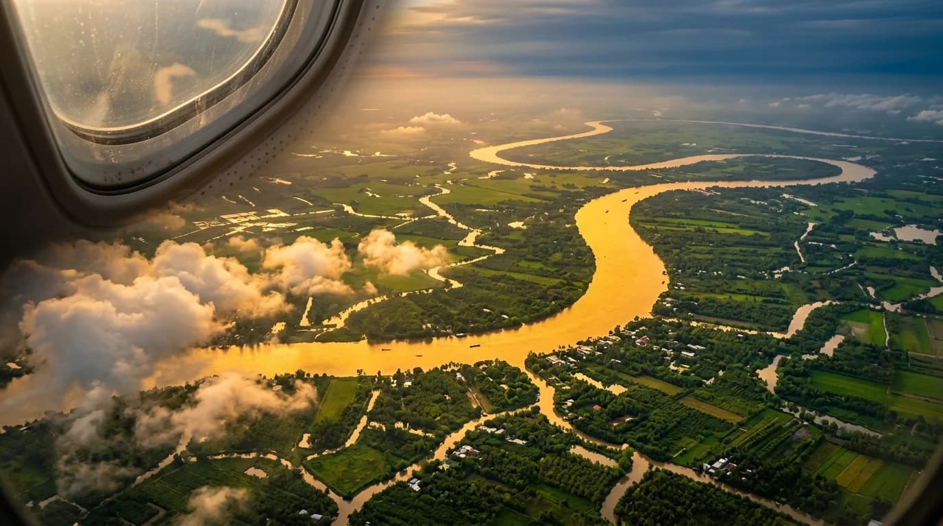 Mekong River Delta Aerial View from Airplane Window